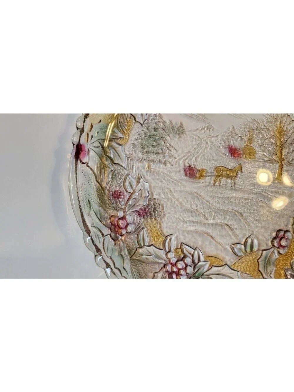 Christmas Serving Platter Plate Vintage Heavy Glass Tray Holly Winter Scene